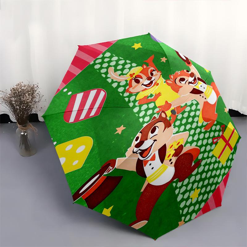 Chip and Dale Automatic Folding Umbrella - Simple 8-Rib Design, Bright Cartoon Pattern, Durable Iron Frame, Suitable For Travel, Outdoor, Be