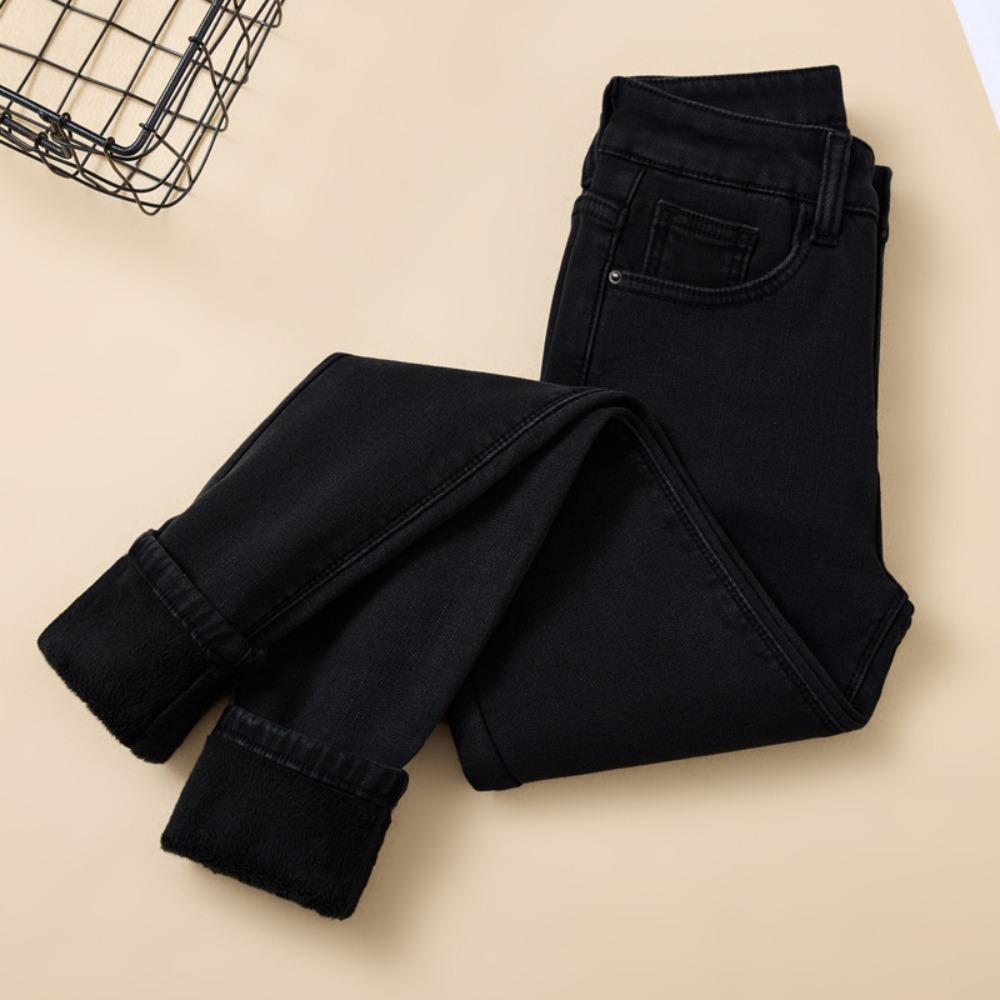 Women's High Waist Skinny Jeans Slim Fit Fleece Lined Pencil Pants Solid Color Stretch Thermal Denim Trousers For Winter Daily Commute