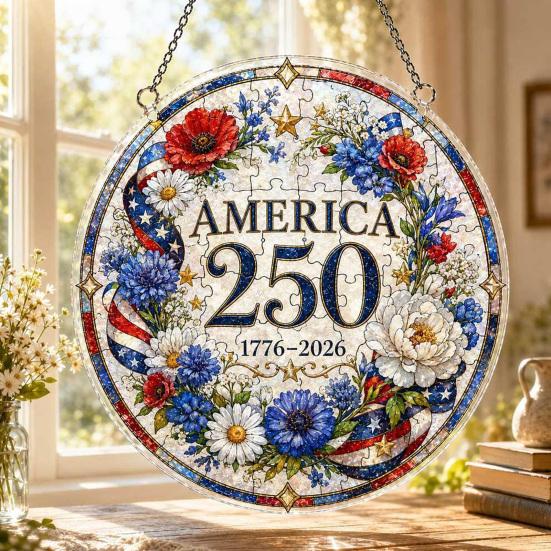 Acrylic Jigsaw Puzzle Suncatcher, US 250th Anniversary DIY Sun Catcher Kit, Stained Glass Style Patriotic Window Hanging Ornament for Independence Day