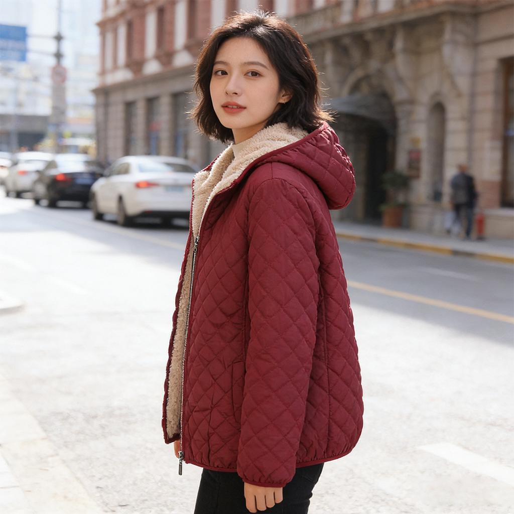 Fashion Solid Color Top Slim Coat Lamb Wool Hooded Close Thick Warm Cotton-padded Jacket Women's Plus-size Casual