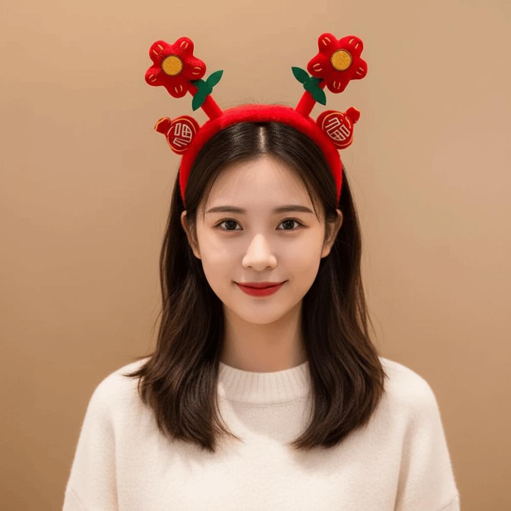 Flower New Year Red Plush Headband Chinese Style Children Hair Hoop  Children Gifts