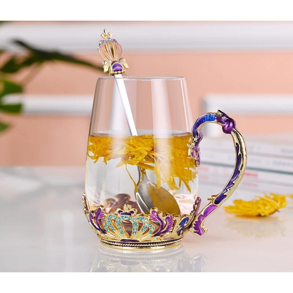 Handmade Enamel Butterfly Flower Glass Coffee Mugs Tea Cup with Spoon,Birthday Christmas Gifts for Her Women Mum Friends Teacher Valentines