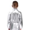Unisex Kids Metallic Shiny Jacket Turn Down Collar Long Sleeves Flap Pockets Dance Coat
