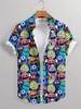 Individual Contrast Short Sleeve Shirt, Cartoon Little Monster Full Print Shirt, Suitable for Themed Events/Casual Leisure