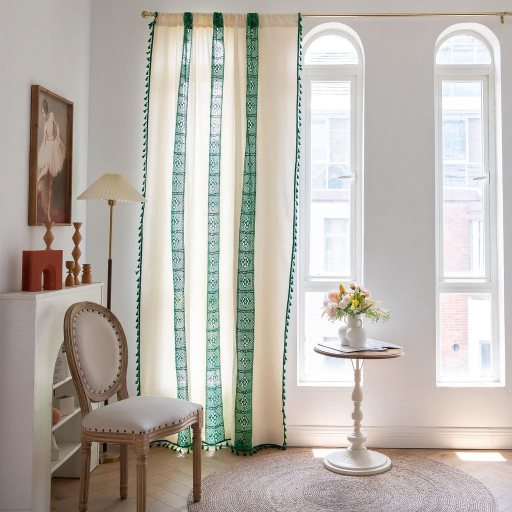 Finished Curtain Splicing Cute Green Contrasting Crochet Hollow Cotton Thread Hanging Short Curtain Grid