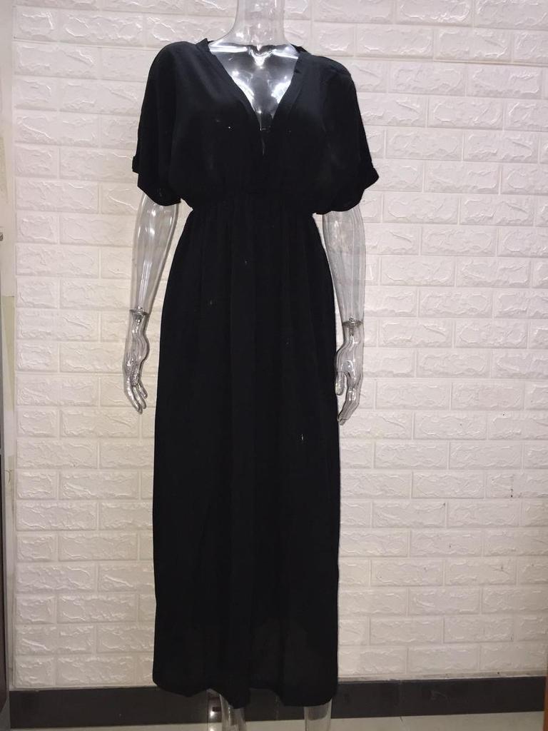 763 New Hot Selling Deep V Short Sleeve Split Dress