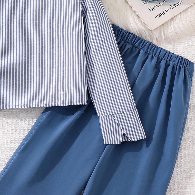 Mädchen Herbst Neue Mode Lässig Gestreift Einreihig Langarm Oberteil + Weitbeinige Hose Kinder 2-teiliges Set