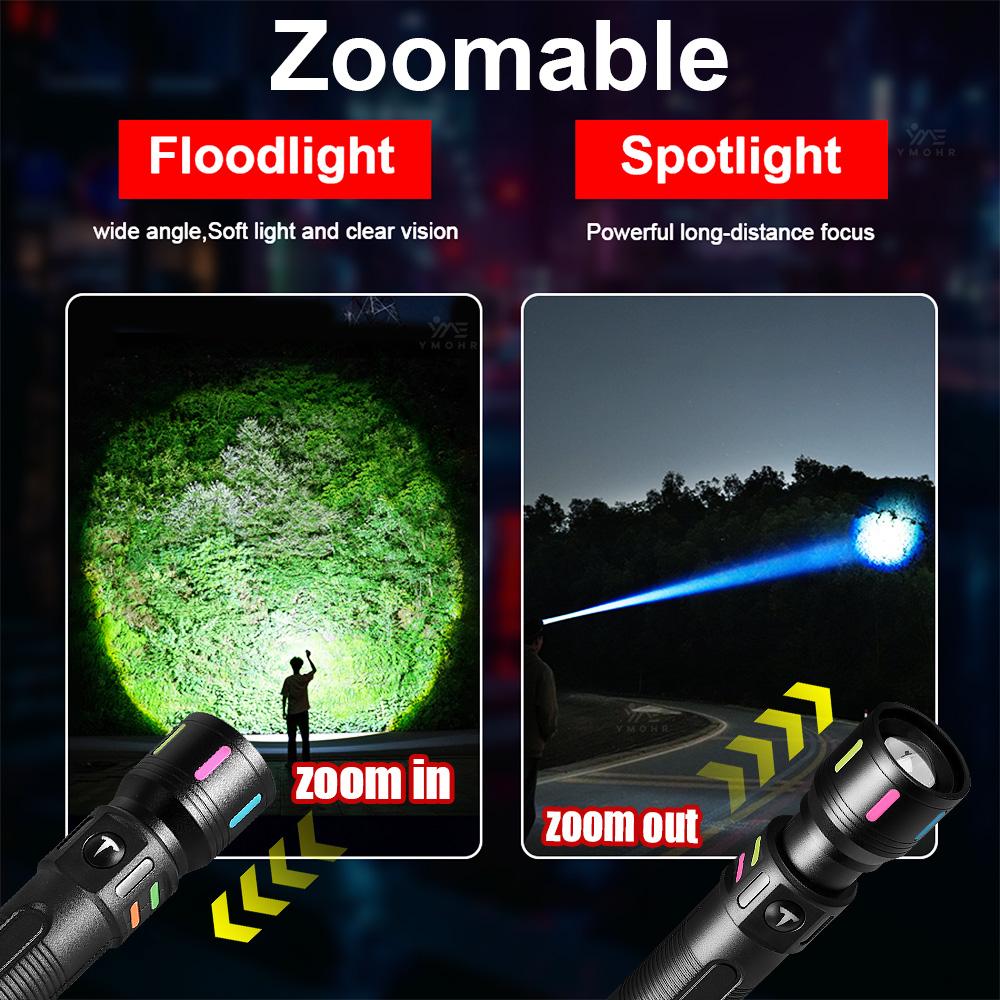 White Laser High Power Flashlight USB C Rechargeable Flashlight 18650 EDC Torch Lamp with Side Lights Work Light Camping Lantern