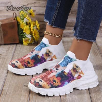 Baskets à plateforme à imprimé floral et lettres tendance pour femmes Chaussures de sport décontractées en tricot tendance pour femme Chaussures de course respirantes antidérapantes