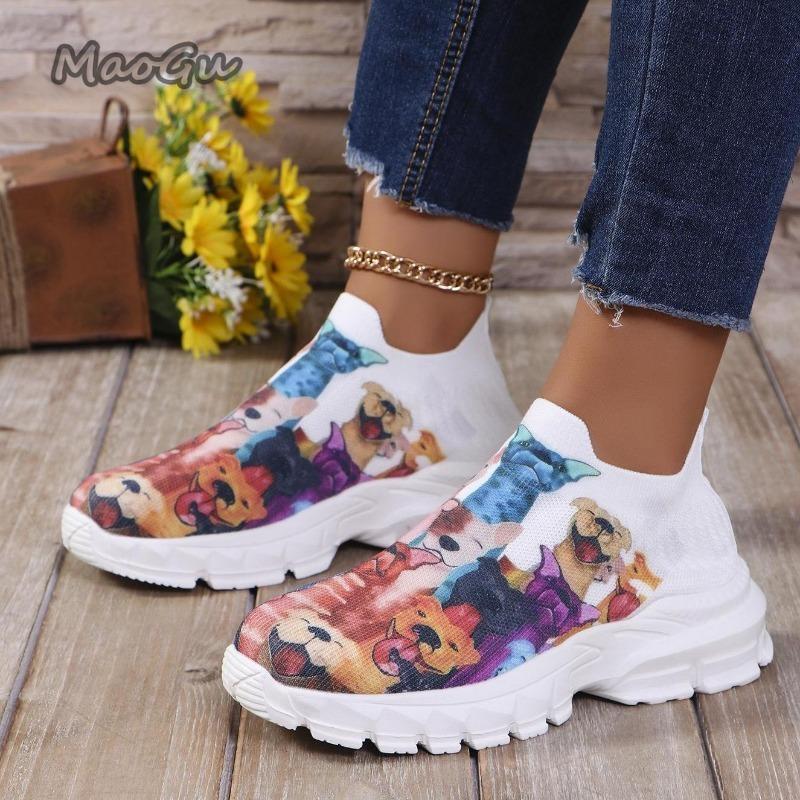 Letters Floral Print Platform Sneakers for Women Knitting Casual Sports Shoes Woman Non Slip Breathable Running Shoes