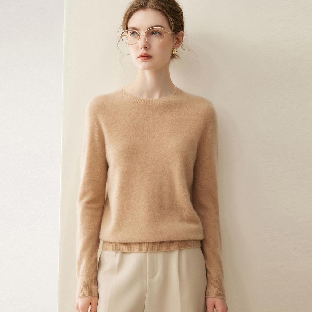 Pure Cashmere Women's Loose Pullover Sweater - Round Neck, Solid Color, Warm Knitwear for Autumn/Winter