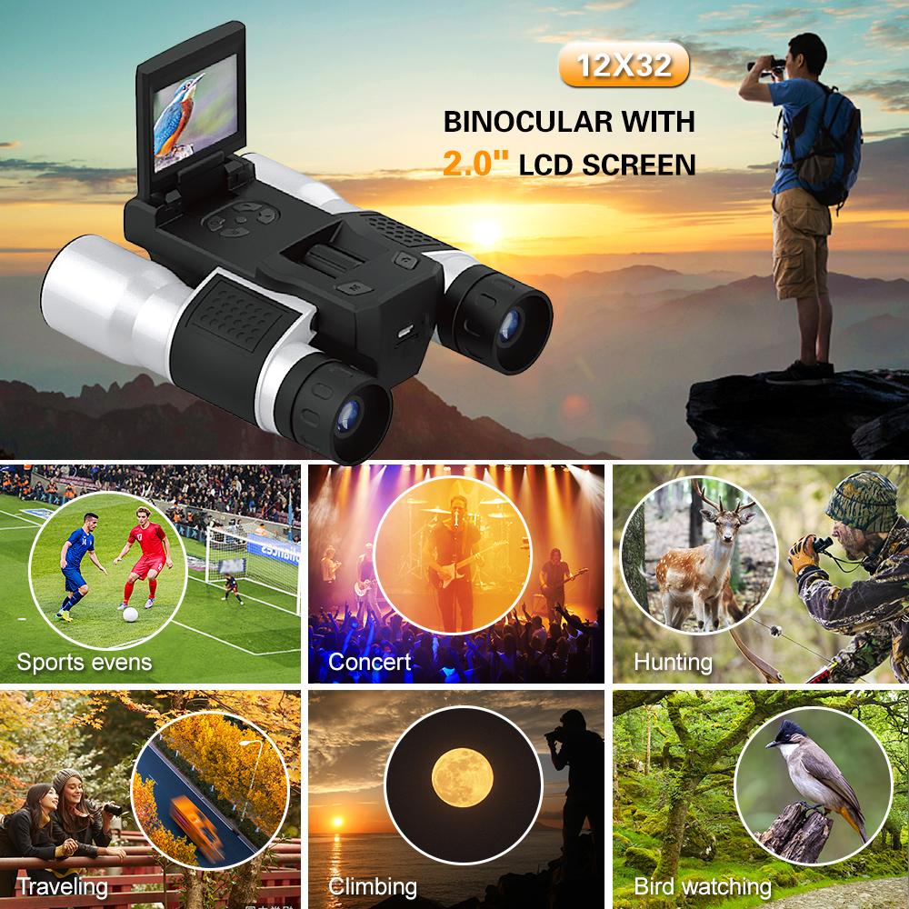 12x32 Digital Binoculars Camera Telescope 2 Inch Rotating LCD Display 5MP Video Photo Recorder with for Bird Watching Football Game Concert