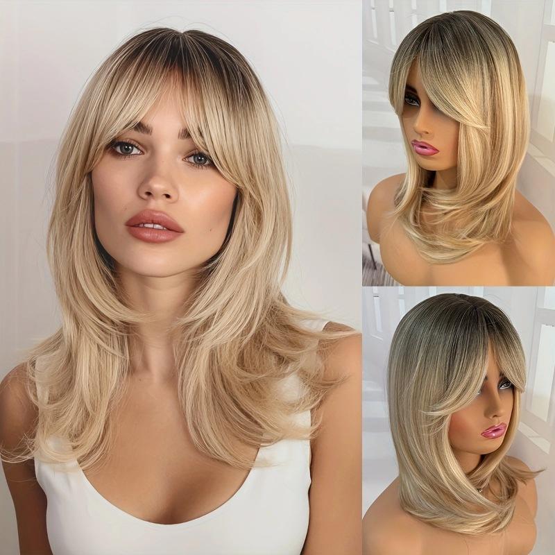 

Brown Blond Synthetic Wigs with Bangs Layered Wavy Hair Heat Resistant Fibre for Daily Cosplay