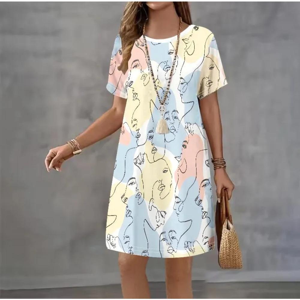 Creative Colorful Patterns 3D Printing Dresses Women Fashion Summer Loose Plus Size Comfortable Breathable Short Sleeve Dresse