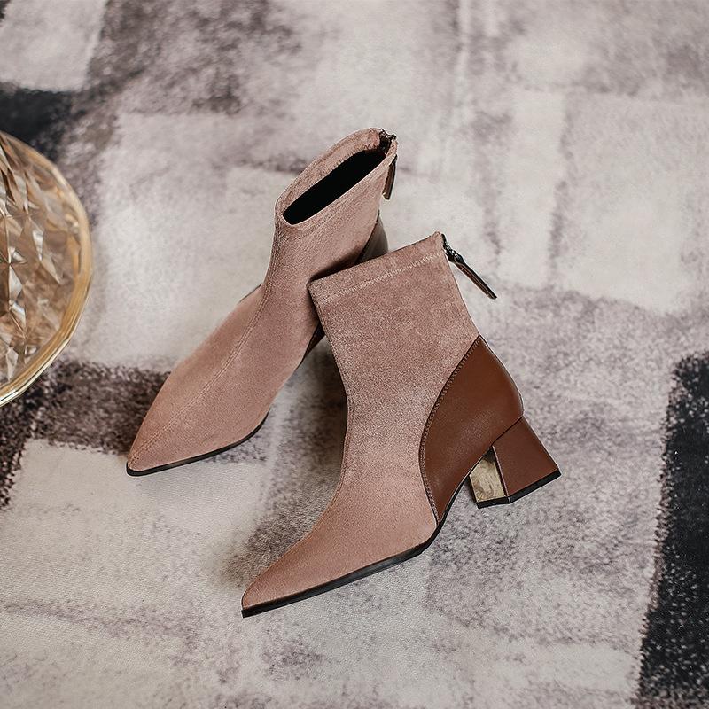 High-heeled short boots thick heel pointed head 2025 new boots fashion color matching medium tube thin boots women's spring and autumn single boots