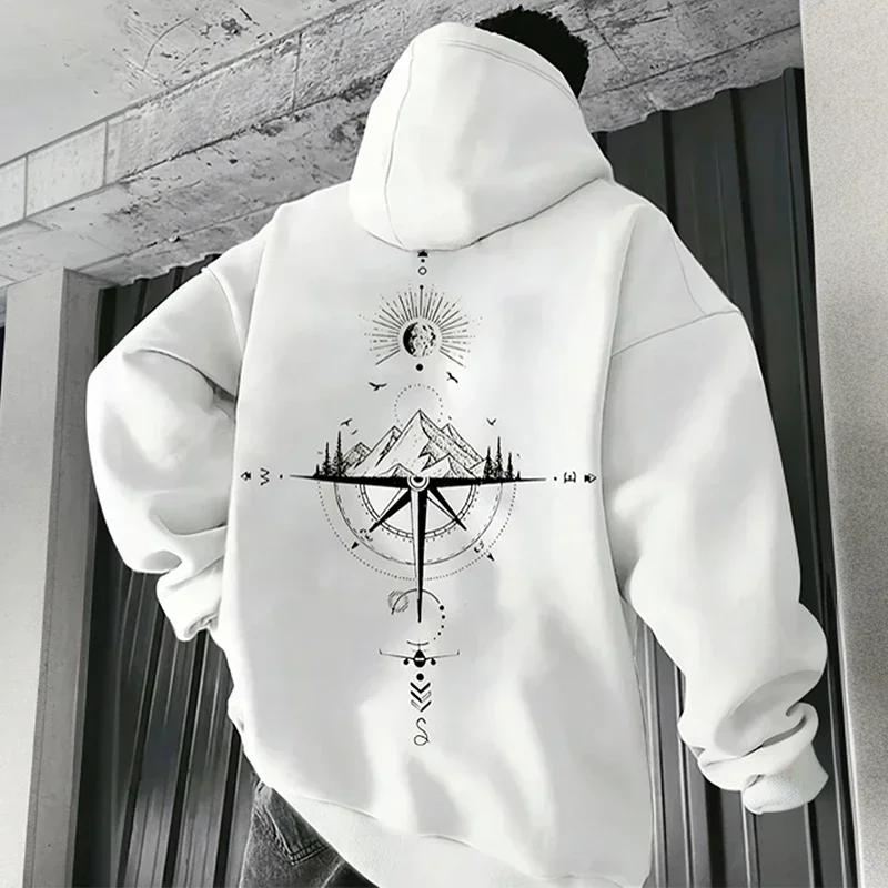 Vintage Compass Print Hoodies for Men High Quality Hooded Long Sleeve Pullover All Season Daily Casual Sports Tops Men's Clothes