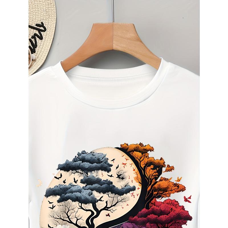 Evropské velikosti Dámské tričko s krátkým rukávem - Tmavě modré Yin-Yang Květinový Nebeský Grafický Potisk, Prodyšný Ležérní Jarní Letní Top