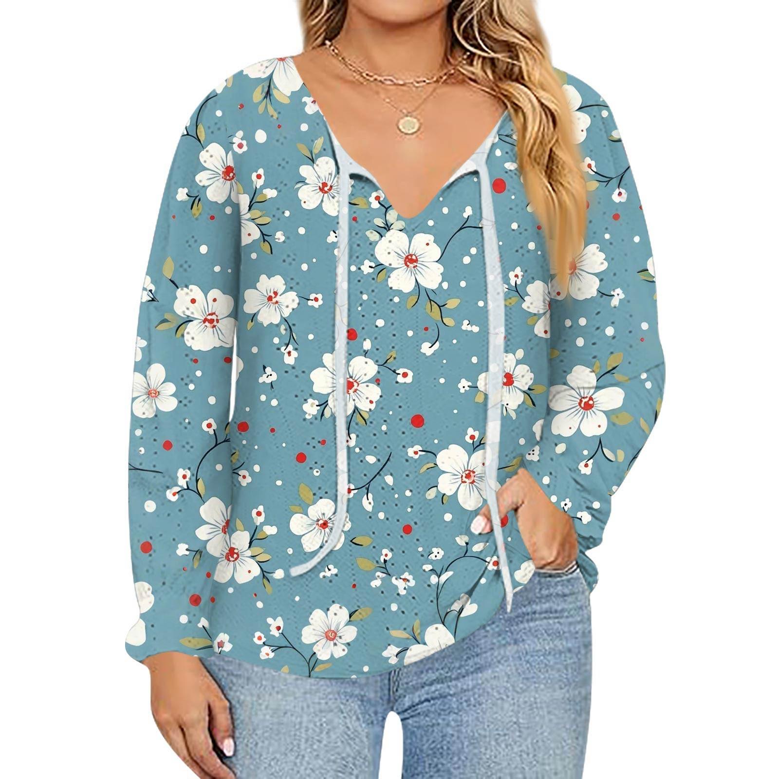 

Женский модный топ с принтом, повседневный, с V-образным вырезом и длинным рукавом XL небесно-голубой