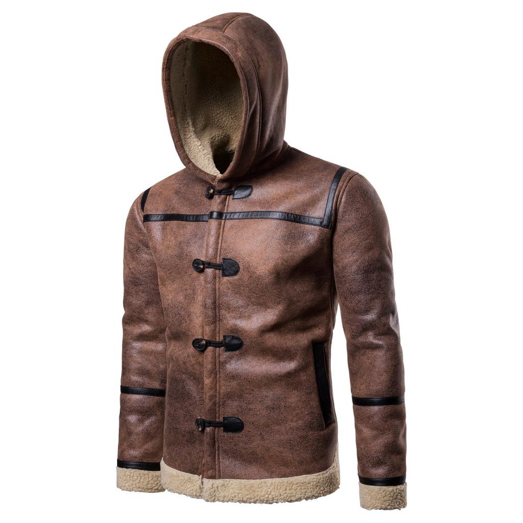 Cross Border Men's Casual Plus Size Hooded Fur One-piece Leather Jacket European Size Leather Jacket Men PY1568