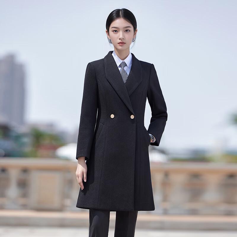 Women's Black Mid-length Padded Wool Blend Winter Coat
