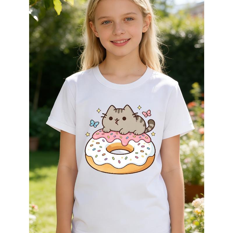 Girls Donut Cat Print Crewneck Short Sleeve Tee, Casual Spring Summer Kids Gift T-shirt 110 белый