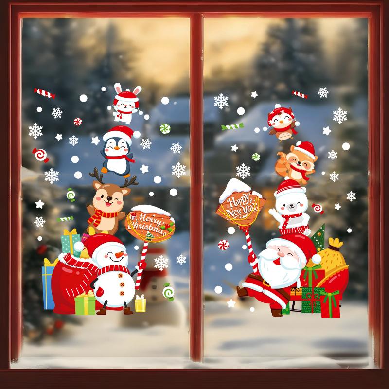 Santa Claus Family Photo Electrostatic Sticker Glass Door Snowman Restaurant Scene Snowflake Atmosphere Sticker