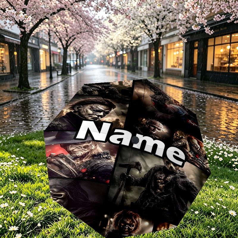 Custom Name Personalized Bride of Chucky Print Umbrella, Auto Open Close, 8‑Rib Sturdy Frame, Commute Camping Hiking Use, Birthday Gift