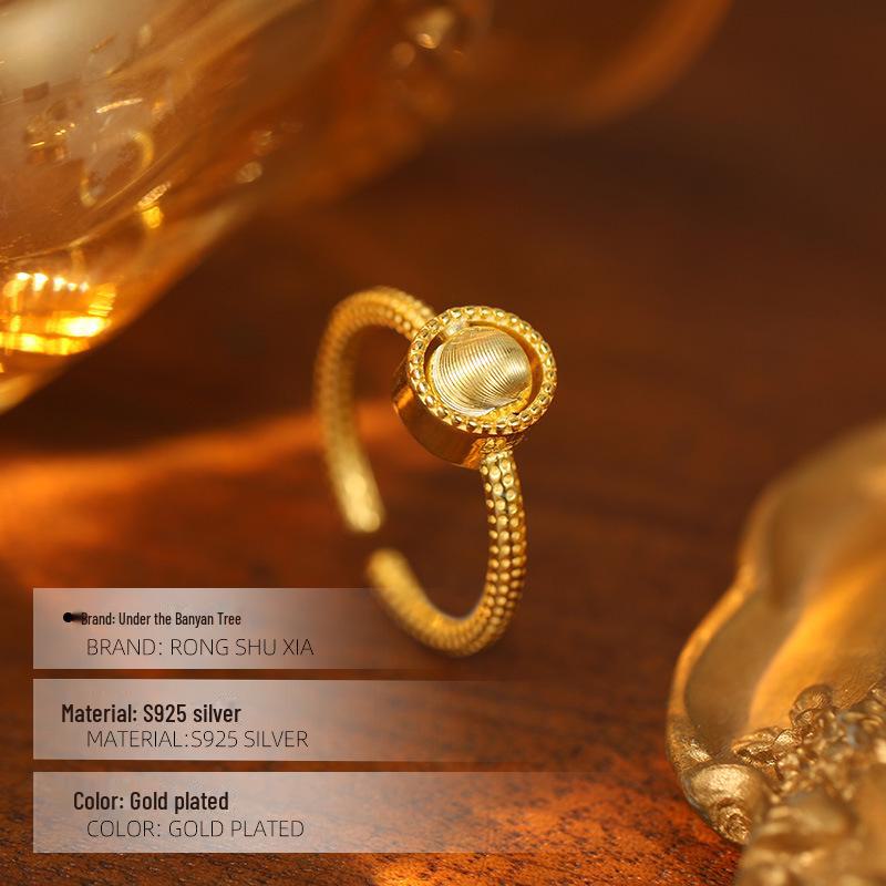 Banyan Tree S925 Prata Banhado Ouro Olho de Gato Anel de Dedo Indicador Rotativo - Luxo Leve para Mulheres