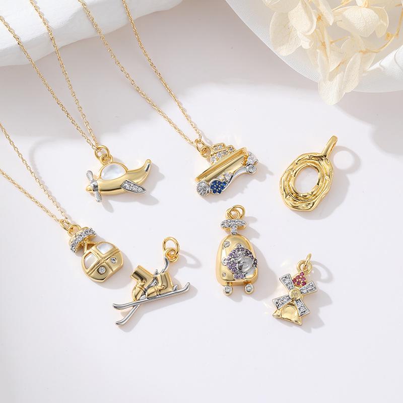 

Airplane & Windmill Zircon Pendant Jewelry: Creative DIY Necklace Accessory Genuine Gold Dual-Color High-Color-Plating