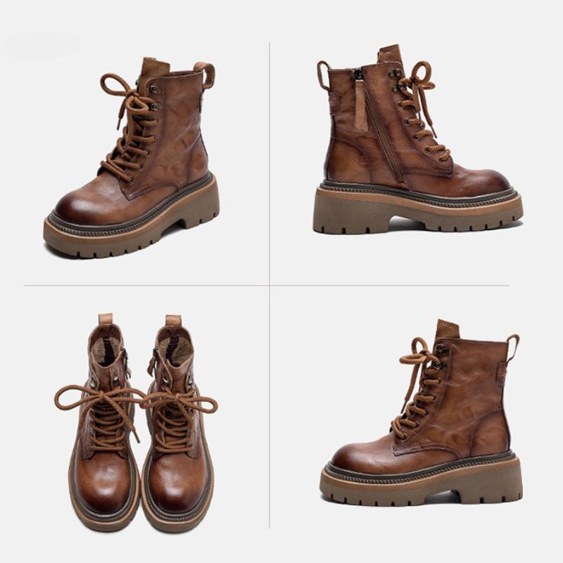 Johnature Thick Sole Vintage Boots Side Zipper Genuine Leather Short Boots Fashion Versatile Women Shoes