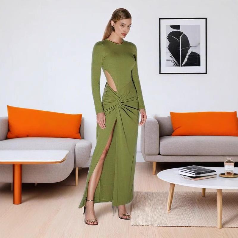 2025 Summer Elegant European & American Women's Round Neck Slit Pleated Long Sleeve Waist-cinching Dress