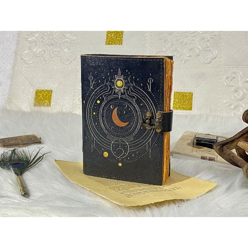 Sun and Moon Leather Notebook Spell Book Handstitched Journal Grimoire Journal Handmade Journal With Deckle Edge Paper Gifts For Him Her