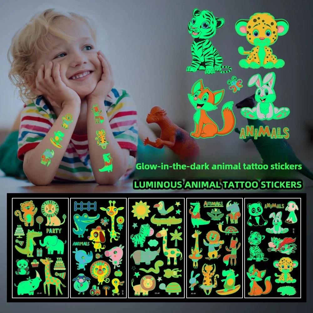 5PCS/Set Glow In The Dark Animal Tattoos for Kids Waterproof Temporary Body Stickers Party Favors Cute Cartoon Face Arm Decals
