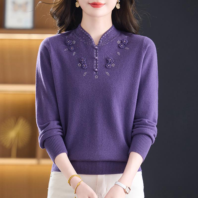 Stylish Qipao Collar 100% Wool Sweater for Middle-Aged & Elderly Women - Warm Winter Knitwear