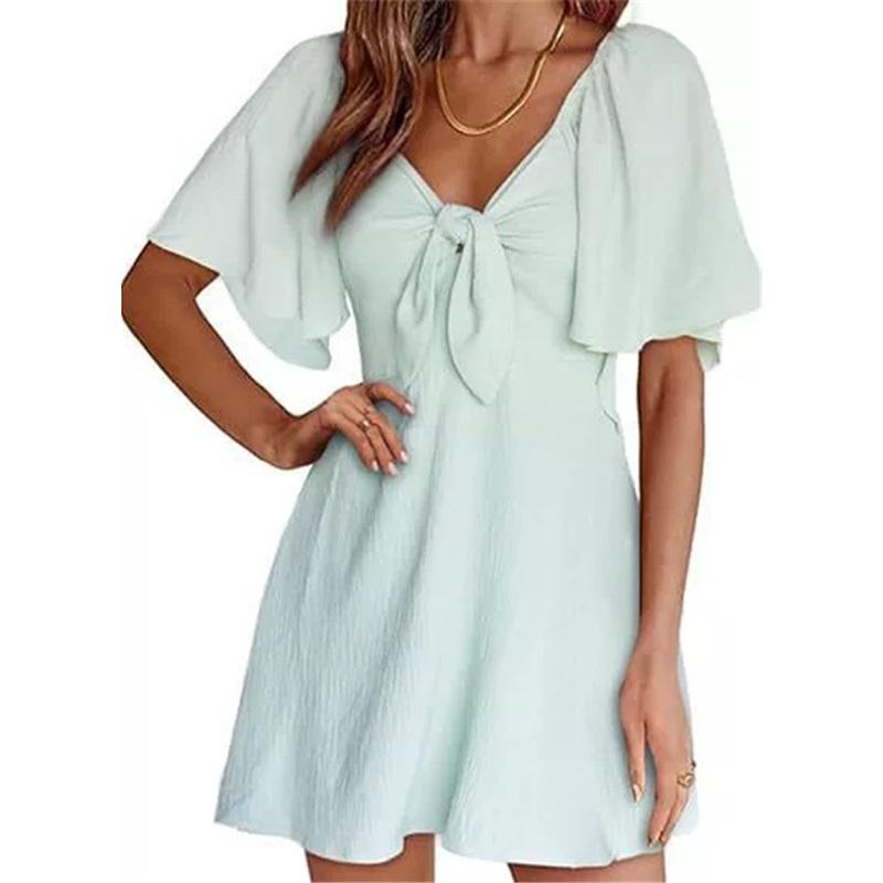 European And American Style Ladies V-neck Bow Tie Short-sleeved Mini Dress Solid Color Waist Loose Casual Long Skirt