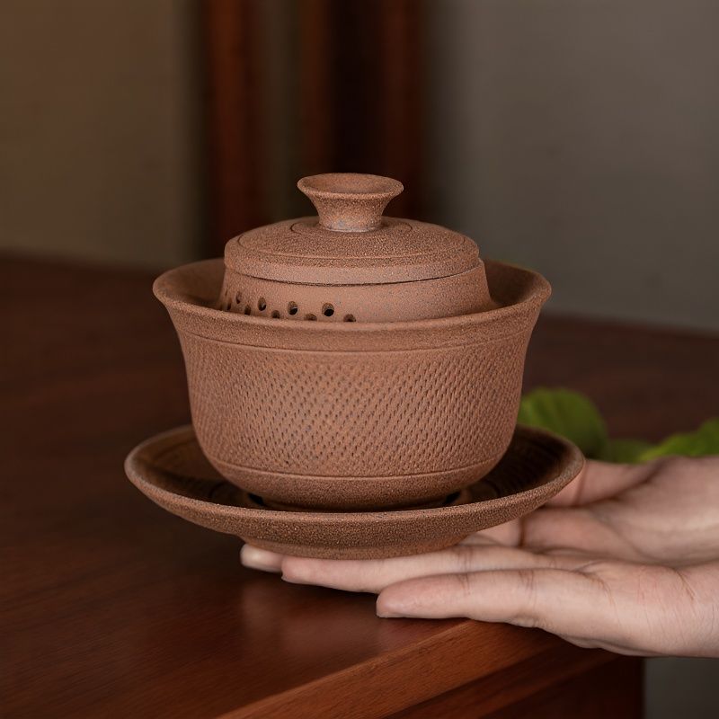 Coarse Pottery Old Rock Clay Raw Gaiwan Ore Handmade Tea Tureen Anti-Scald Large Tea Bowl Chinese Traditional Tea Set Household
