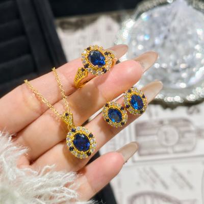 Delicate Gold Color Full Paved Zircon Pendant Necklace Ring Earrings Women Temperament Wedding Accessories Trendy Jewelry Sets