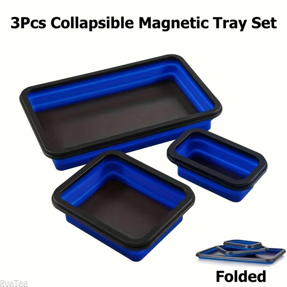 3pcs Collapsible Magnetic Parts Tray Set Flexible Silicone Tool Bowl Dish Strong Magnet Screw Nut Bolt Holder For Auto Repair