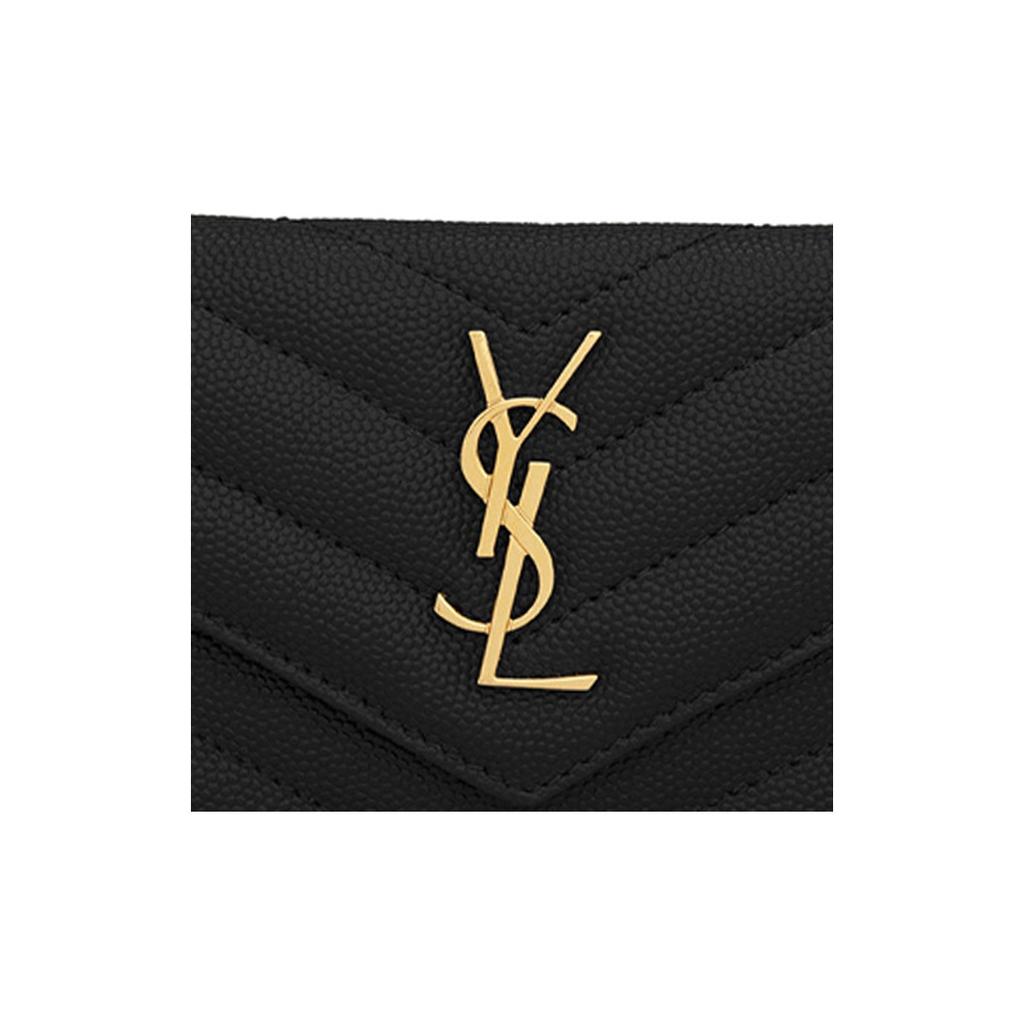 Saint Laurent YSL Monogram Gold Logo Grainy Embossed Quilted Zipper Leather Wallet Card Holder Women wallet Black 612808-BOW01-1000