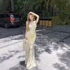 French yellow tulle splicing suspender dress women's summer seaside vacation pleated sexy fishtail hip-wrapped dress
