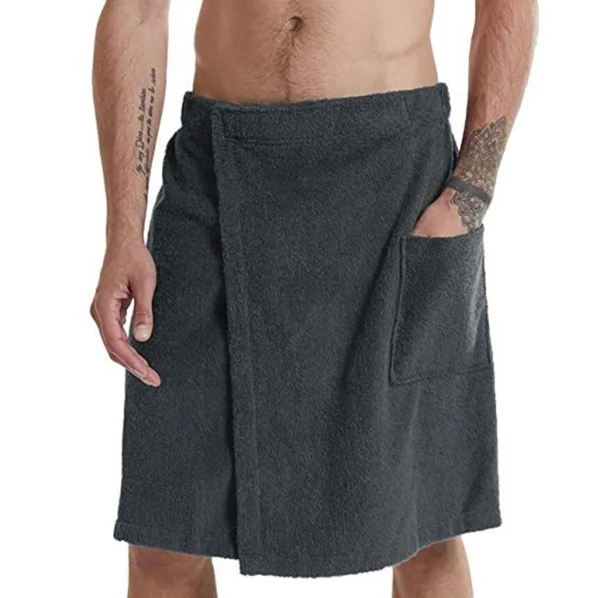 Men's Wearable Bath Towel Wrap | Quick-Dry Shower Robe with Velcro Closure & Pocket | Solid Color Towel for Gym & Beach
