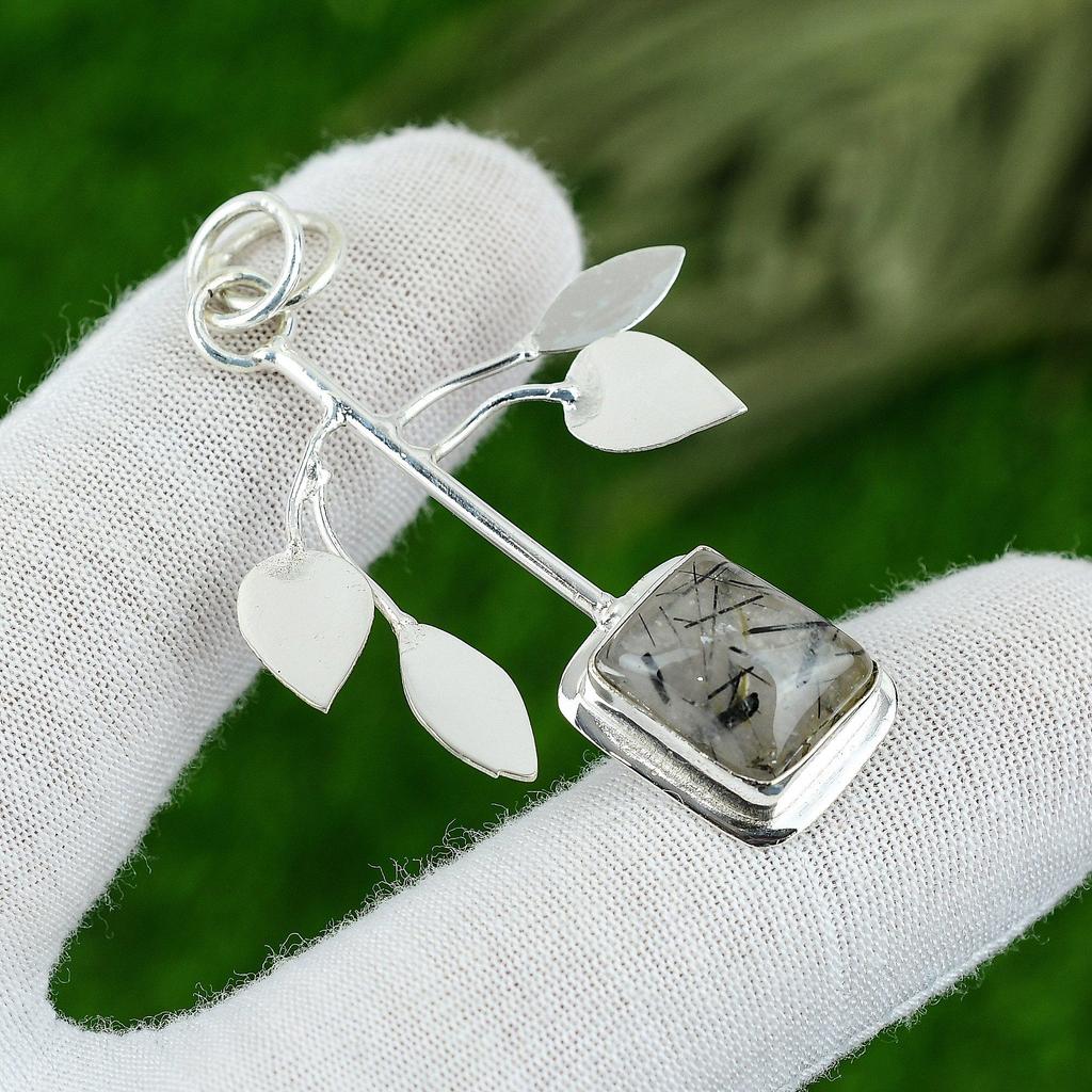 Birthday Gift For Her Natural Black Rutile Gemstone Pendant 925 Sterling Silver
