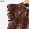 ZANZEA Womens Casual Round Neck Ruffles Short Sleeve Loose Print Blouse