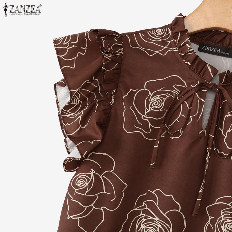ZANZEA Womens Casual Round Neck Ruffles Short Sleeve Loose Print Blouse