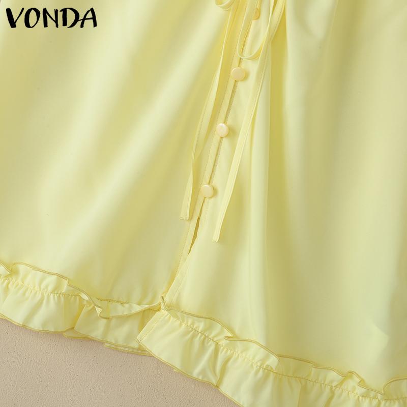VONDA Summer Women V Neck Ruffled Sleeveless Buttons Up Casual Tank Tops