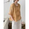 Women Floral Embroidered Round Neck Half Sleeve Linen Cotton Blend Blouse