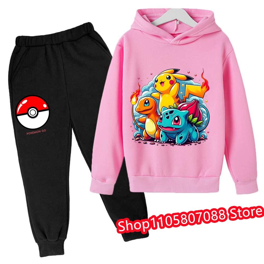2026 Jaro Podzim 3-14 let Děti Pikachu Kreslená Mikina Set Oblečení pro Kluky Outfit pro Holky