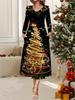 2025 Autumn and Winter New Women Casual Fashion Dress 3D Snowflake Pattern Print Long Sleeve V-Neck A-Line Dresses Christmas Gift