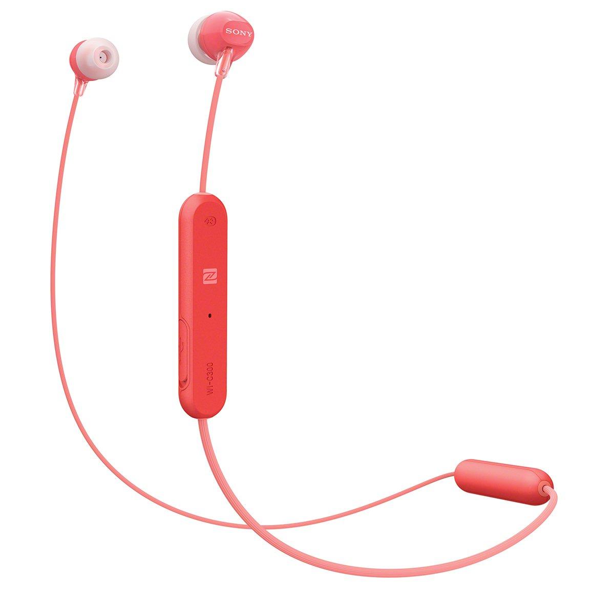 

Sony Wireless Bluetooth Up to 8 Hours of Continuous with 2018 Red WI-C300 Earbuds Compatible, Playback, Mic, Model, (WI-C300 R)