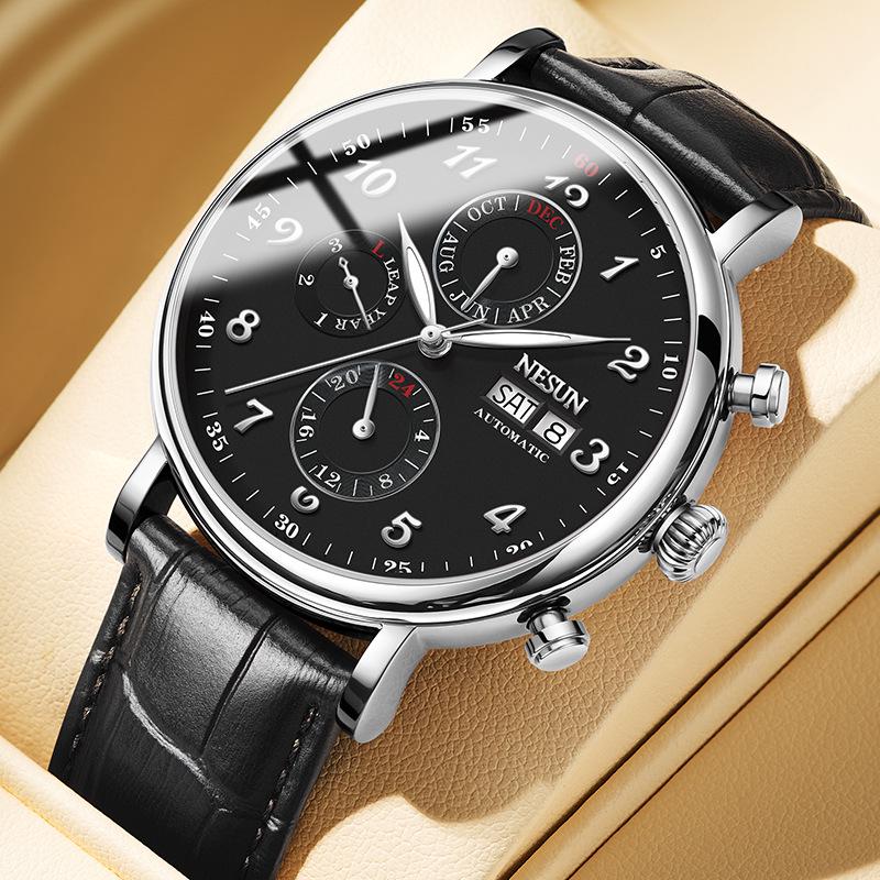NESUN Herren Automatische Mechanische Uhr, Multifunktionale Wasserdichte Leder-Stahl Armbanduhr 9029